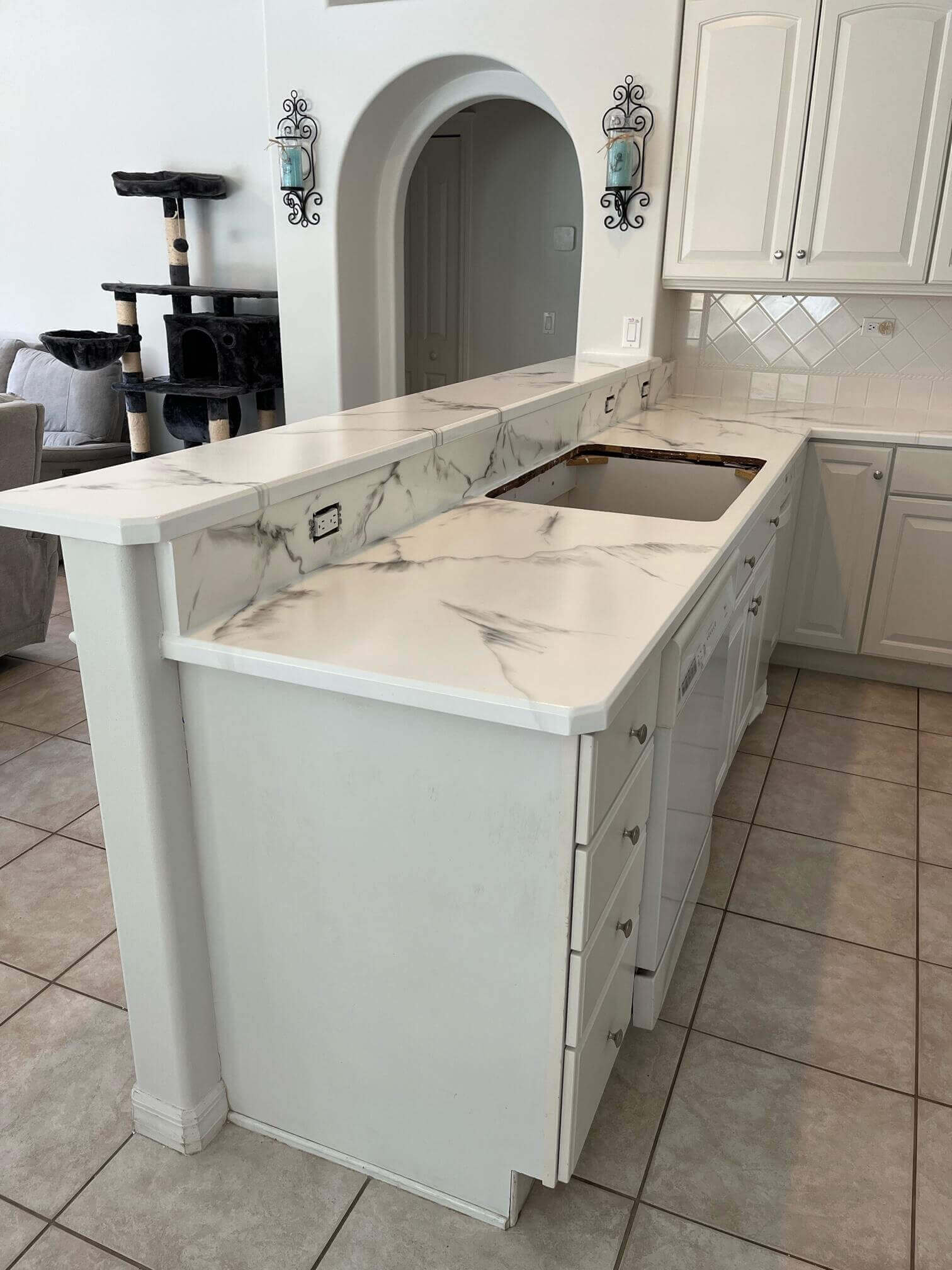 White Marble with grey veining epoxy countertops